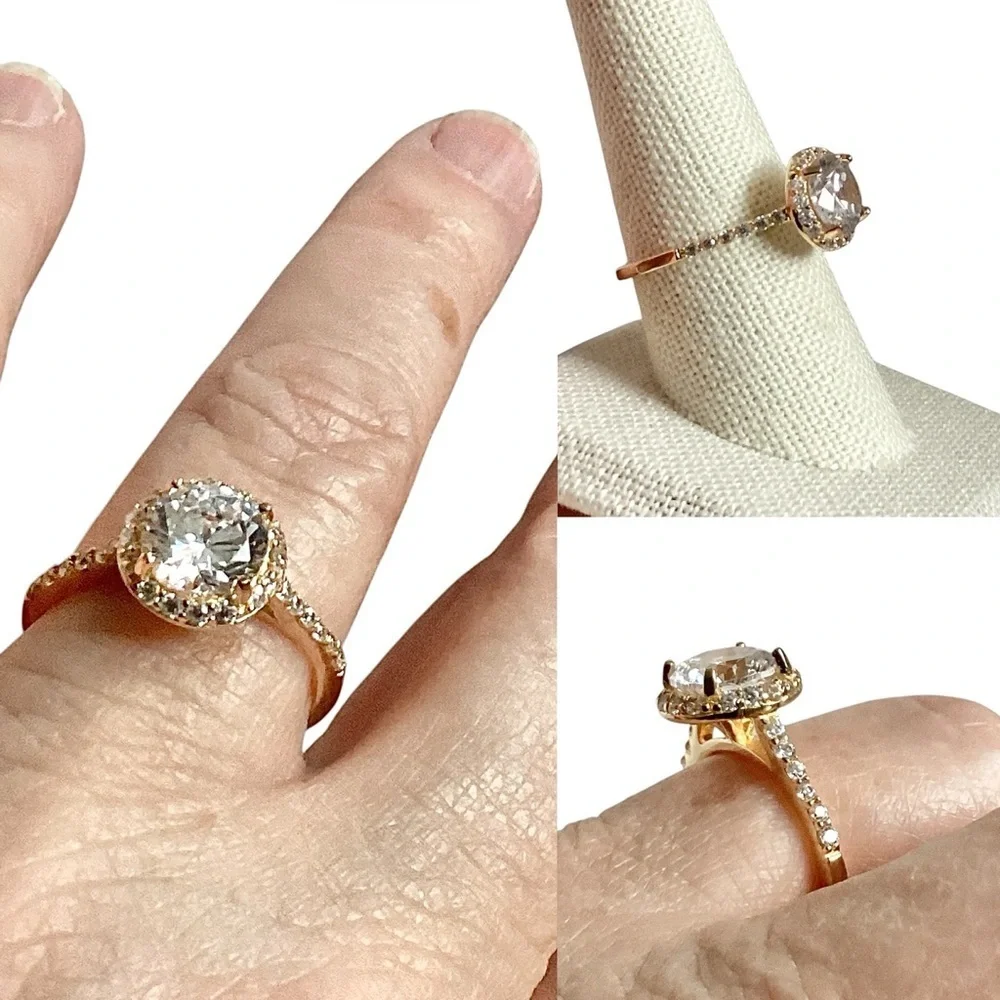 Round Clear Stone Set in Gold Tone Band Mini Side Stone Detailing Size 8.75